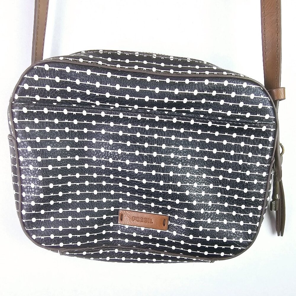 Fossil Smallbody Black, White Key Print Crossbody Handbag w/ Brown Trim & Charm
